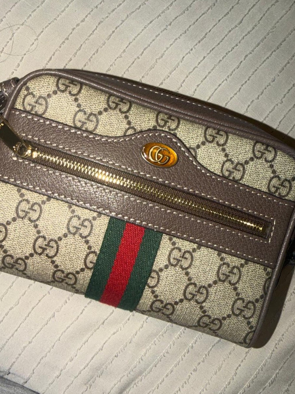 Gucci Beige GG Supreme Canvas Crossbody with Brown Trim and Green-Red Web